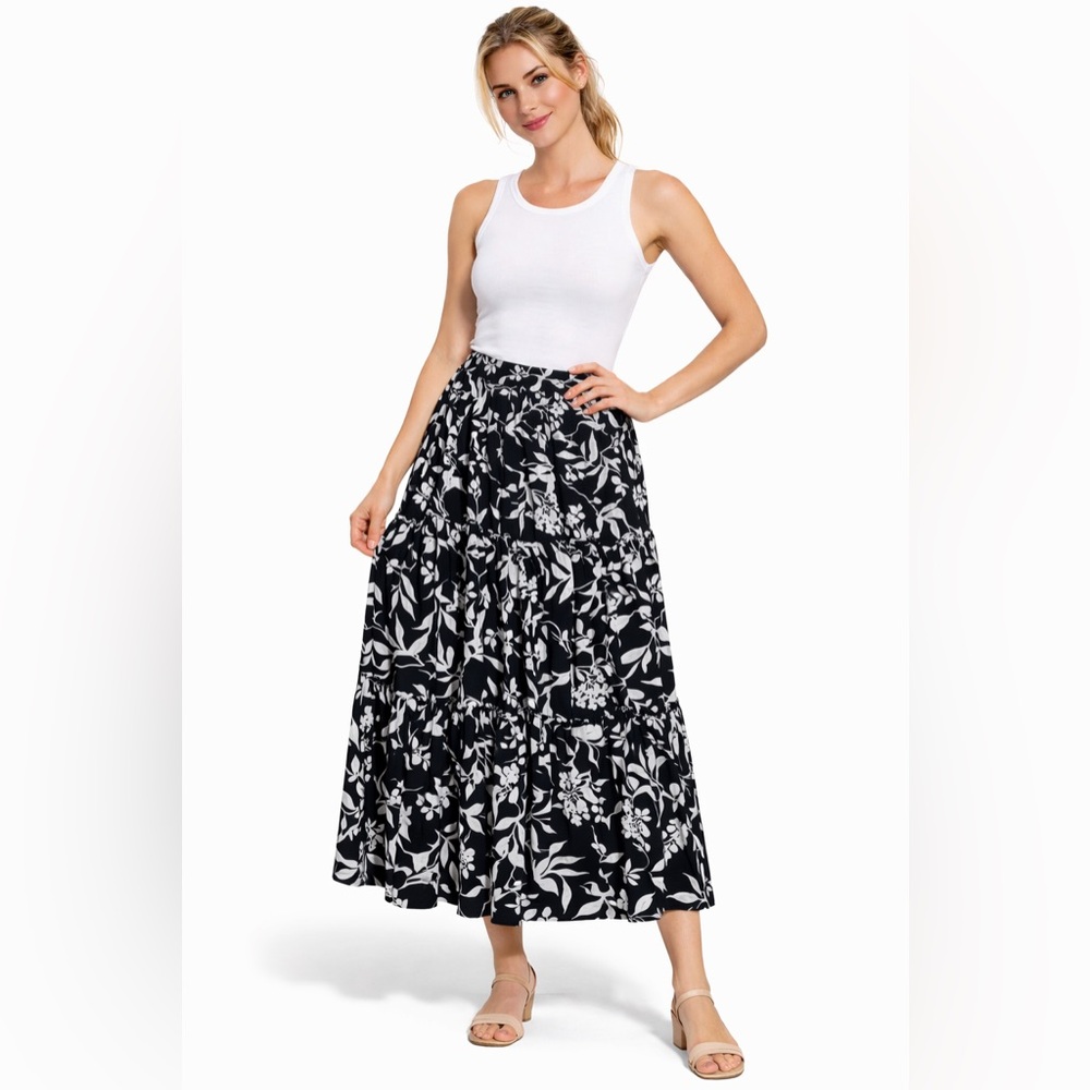 Cynthia Rowley Black White Floral Tiered Rayon Midi Skirt Small Button Front S